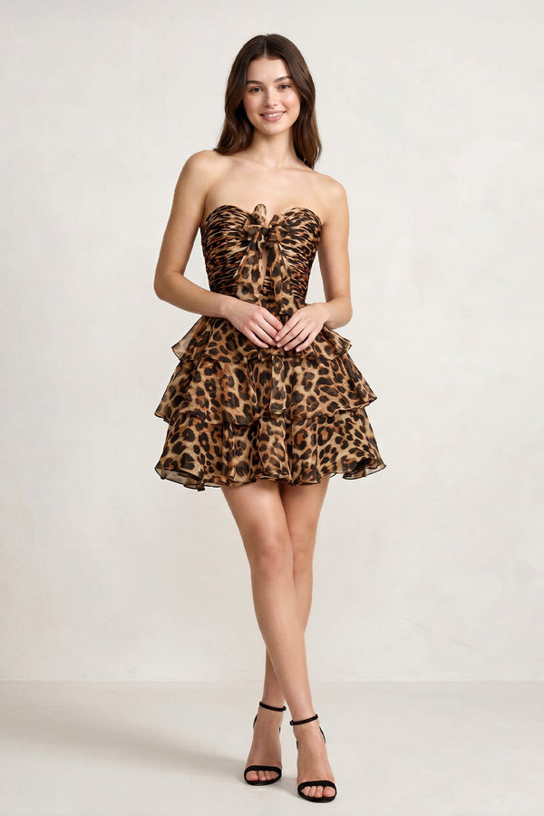 Veloria | Leopard - A-line Strapless Floral Printed Chiffon Ruffles Short Homecoming Dresses
