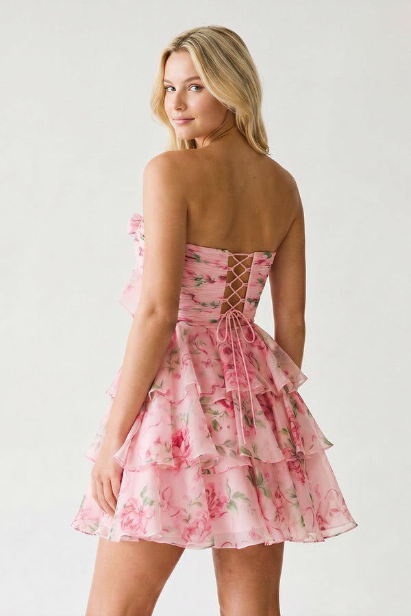 Veloria | Pink - A-line Strapless Floral Printed Chiffon Ruffles Short Homecoming Dresses