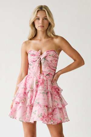 Veloria | Pink - A-line Strapless Floral Printed Chiffon Ruffles Short Homecoming Dresses