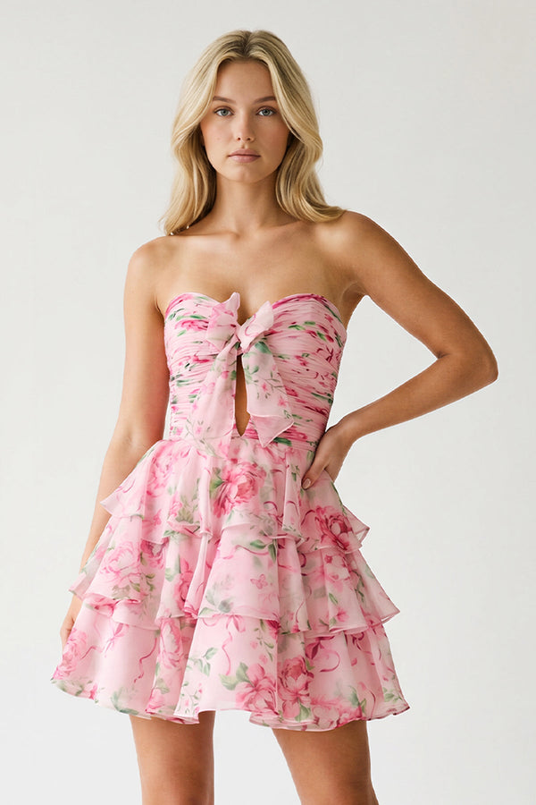 Veloria | Pink - A-line Strapless Floral Printed Chiffon Ruffles Short Homecoming Dresses