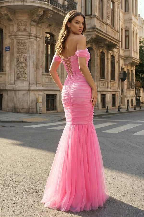 Off Shoulder Pink Ruched Long Prom Dress with Ruffle Hem - KissProm
