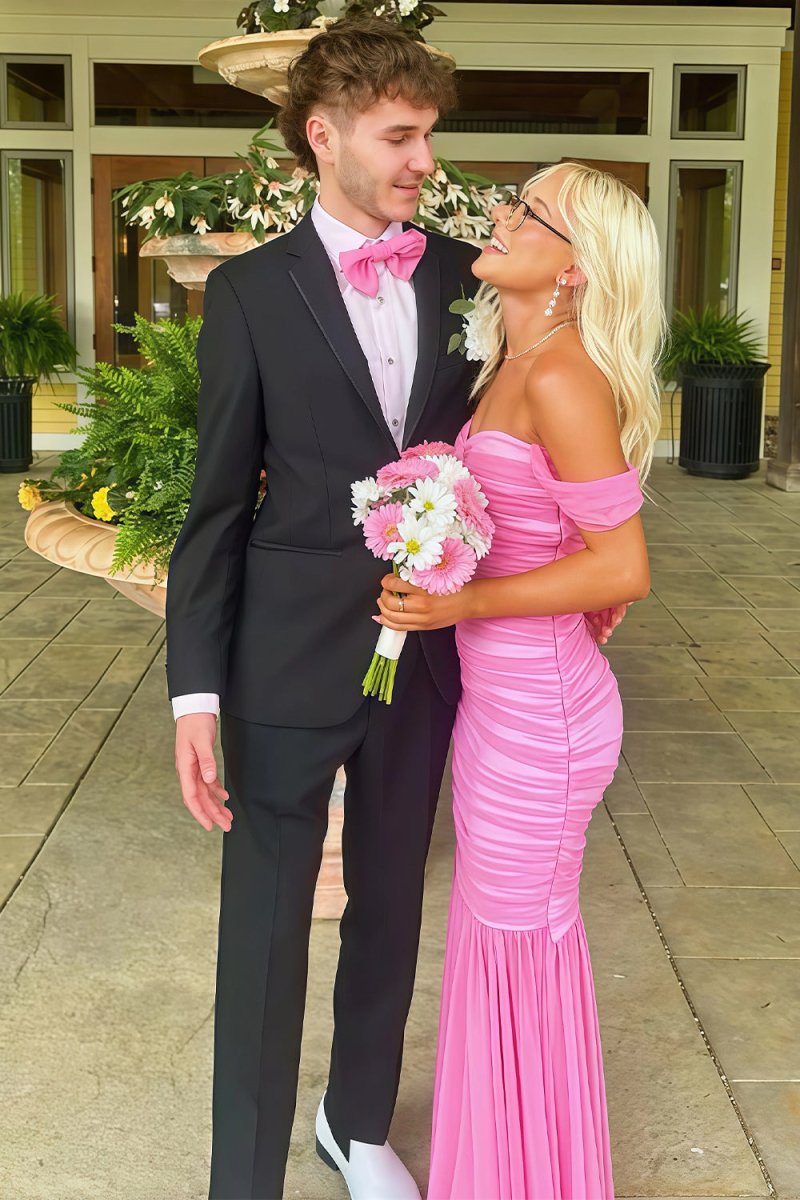 Sadia | Off Shoulder Pink Ruched Long Prom Dress with Ruffle Hem - KissProm