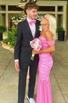 Sadia | Off Shoulder Pink Ruched Long Prom Dress with Ruffle Hem - KissProm