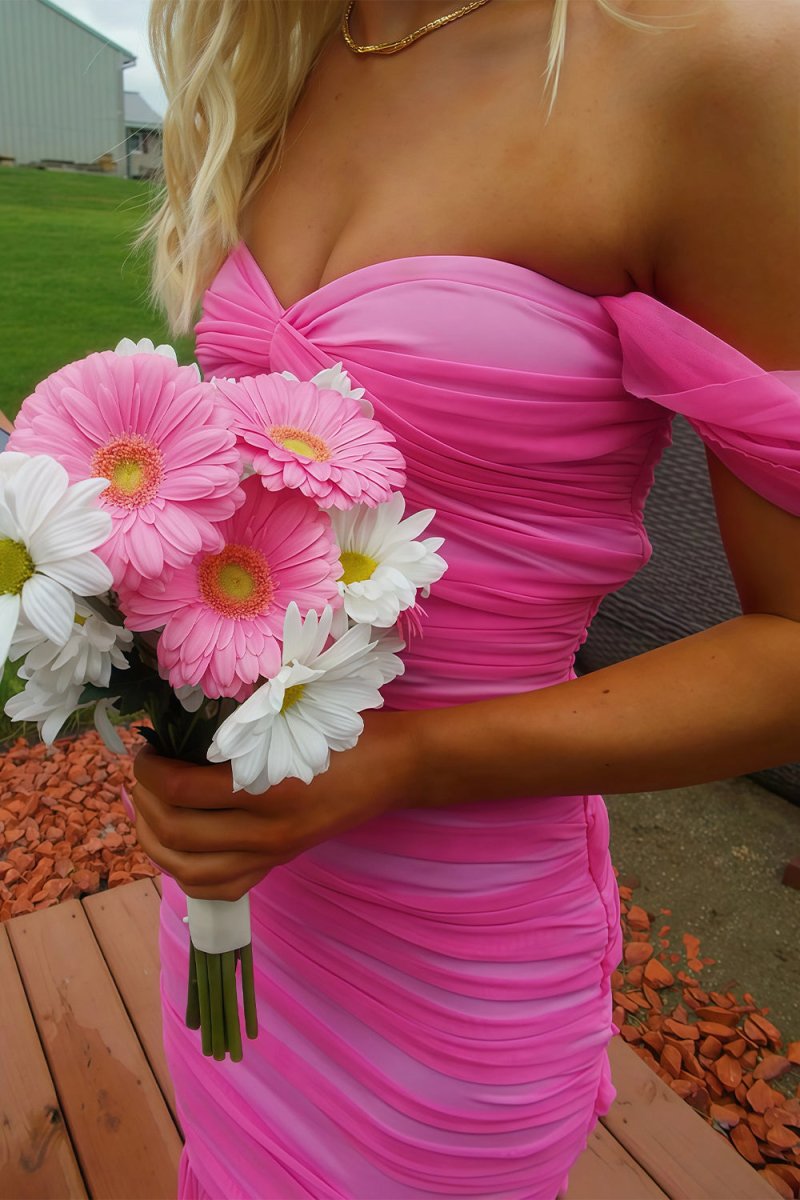 Sadia | Off Shoulder Pink Ruched Long Prom Dress with Ruffle Hem - KissProm