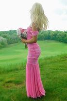 Sadia | Off Shoulder Pink Ruched Long Prom Dress with Ruffle Hem - KissProm