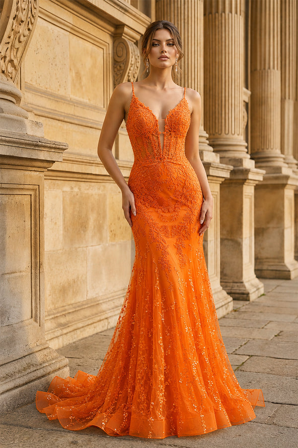 Orange Lace Spaghetti Straps Mermaid Long Formal Dress-KissProm