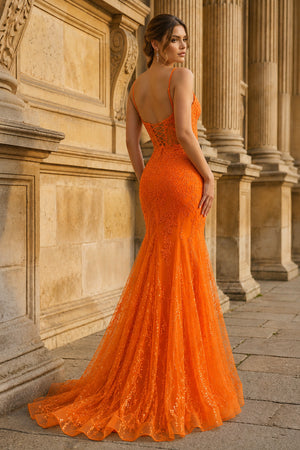 Orange Lace Spaghetti Straps Mermaid Long Formal Dress-KissProm