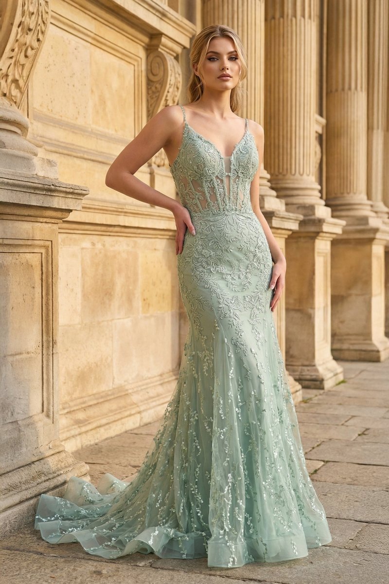 Orange Lace Spaghetti Straps Mermaid Long Formal Dress - KissProm