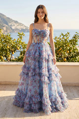 A - Line Blue Floral Corset Tulle Ruffles Long Prom Dresses - KissProm