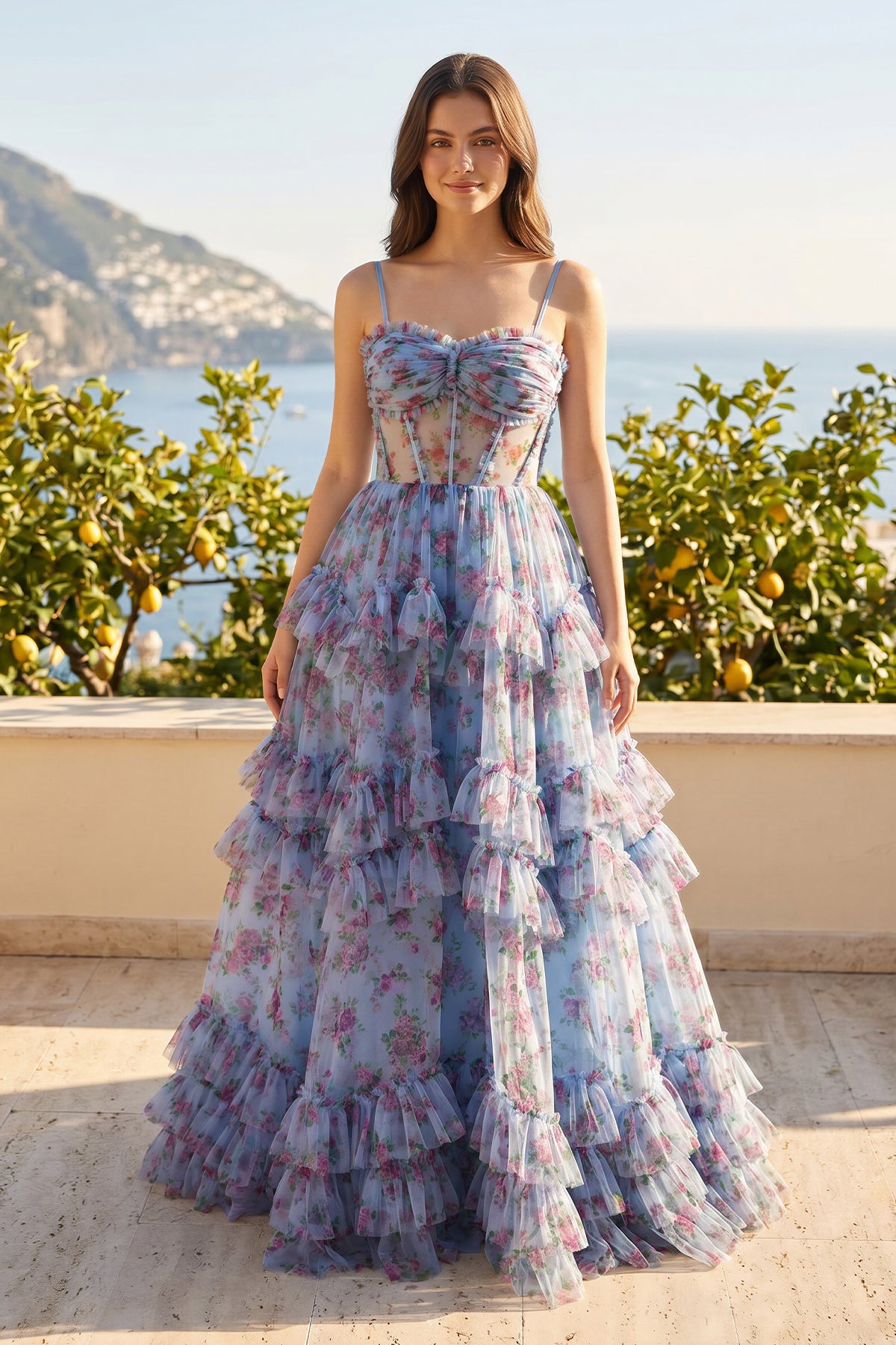 KissProm A-Line Blue Floral Corset Tulle Ruffles Long Prom Dresses, Blue / 00