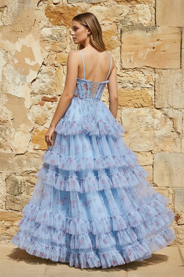 A - Line Blue Floral Corset Tulle Ruffles Long Prom Dresses - KissProm