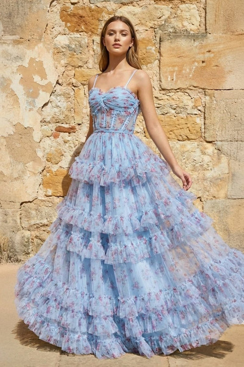 A - Line Blue Floral Corset Tulle Ruffles Long Prom Dresses - KissProm