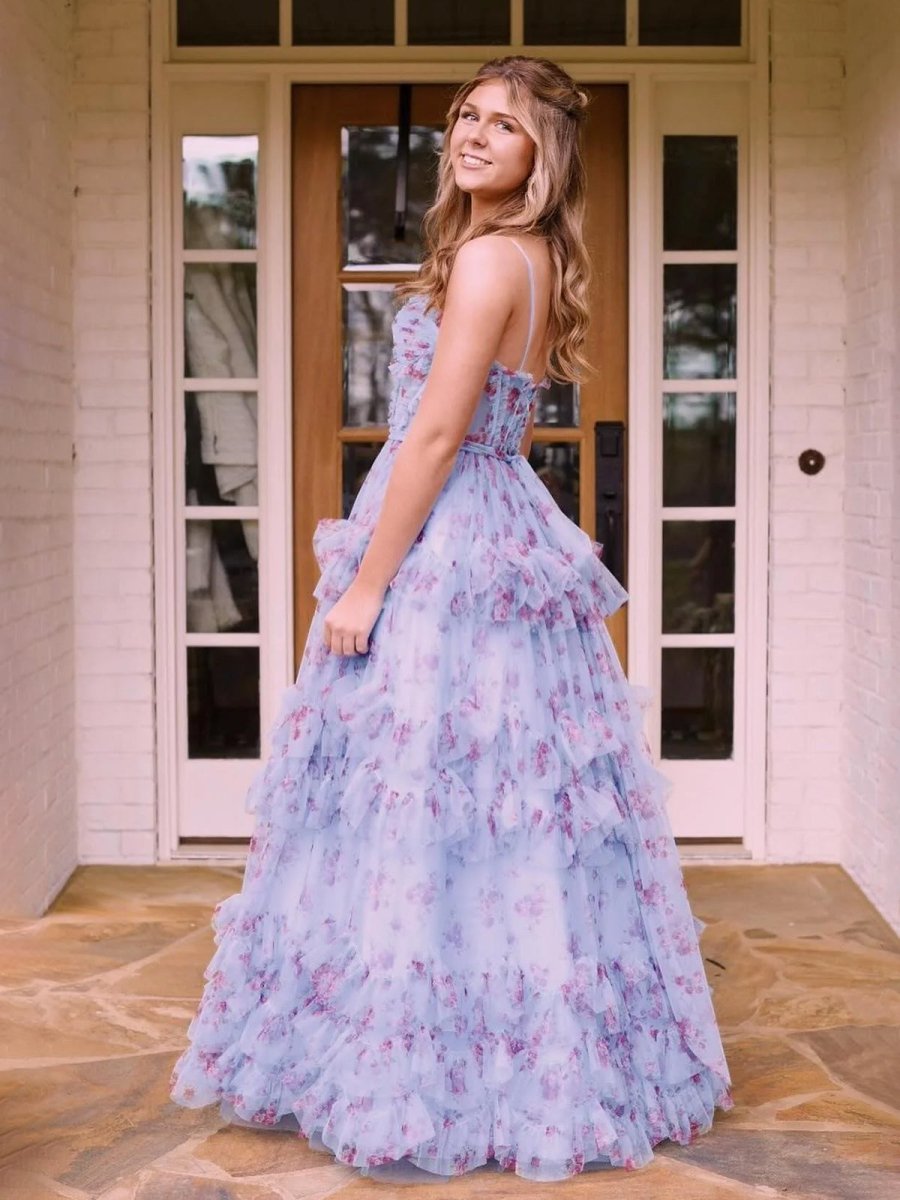 A-Line Blue Floral Corset Tulle Ruffles Long Prom Dresses, Blue / 4 A-Line Blue Floral Corset Tulle Ruffles Long Prom Dresses, Blue / 4