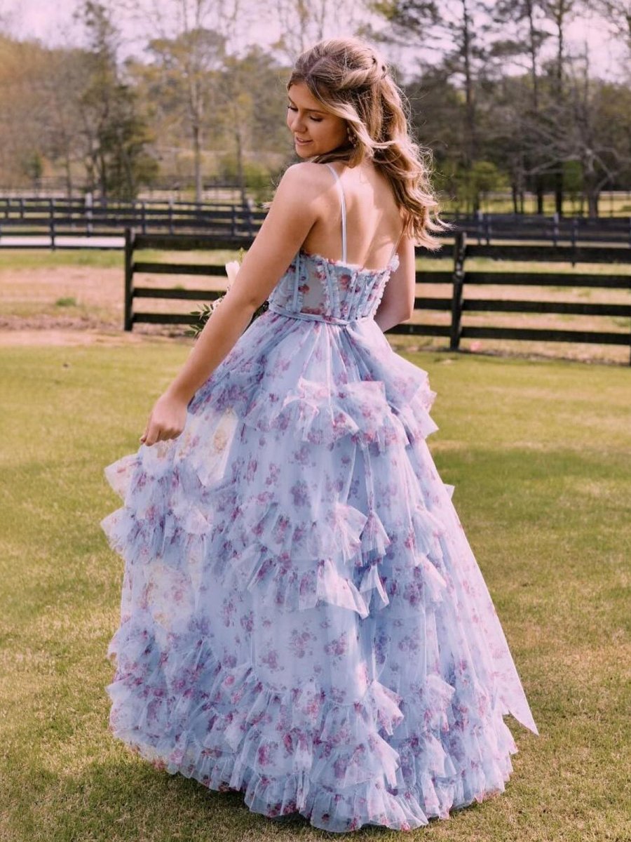 A-Line Blue Floral Corset Tulle Ruffles Long Prom Dresses, Blue / 4 A-Line Blue Floral Corset Tulle Ruffles Long Prom Dresses, Blue / 4