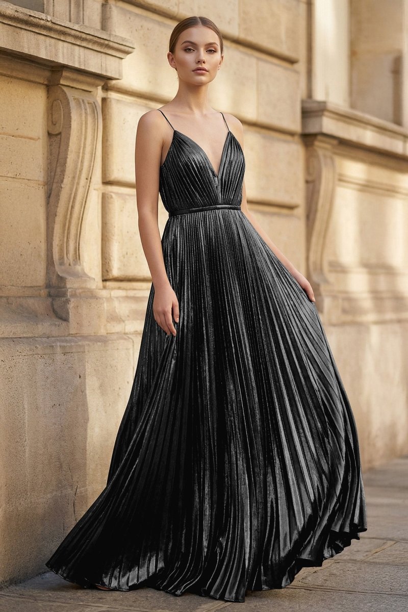 KissProm Gold A-Line Spaghetti Straps V-Neck Metallic Long Prom Dress, Navy Blue / 00