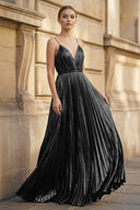 Gold A - Line Spaghetti Straps V - Neck Metallic Long Prom Dress - KissProm
