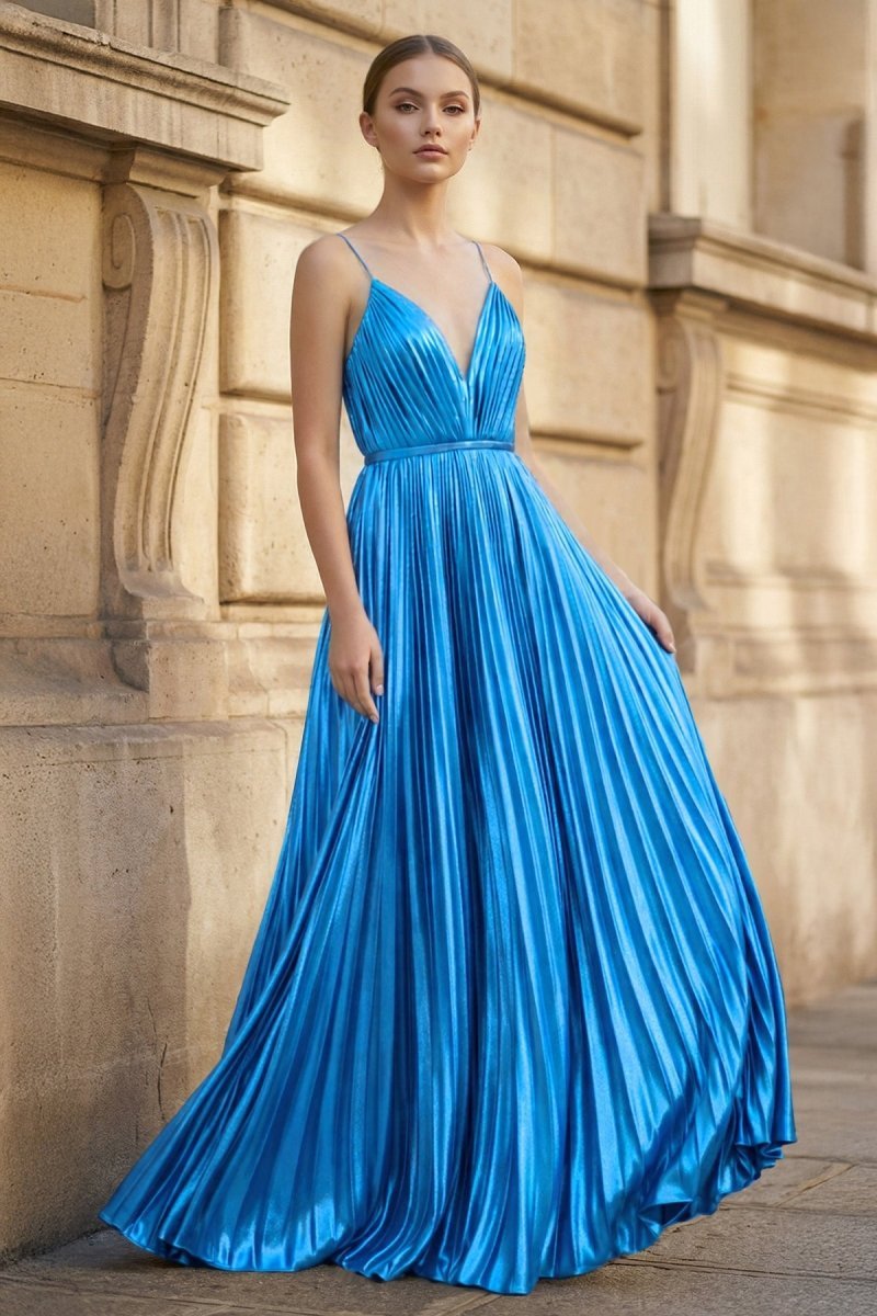 KissProm Gold A-Line Spaghetti Straps V-Neck Metallic Long Prom Dress, Azure / 00