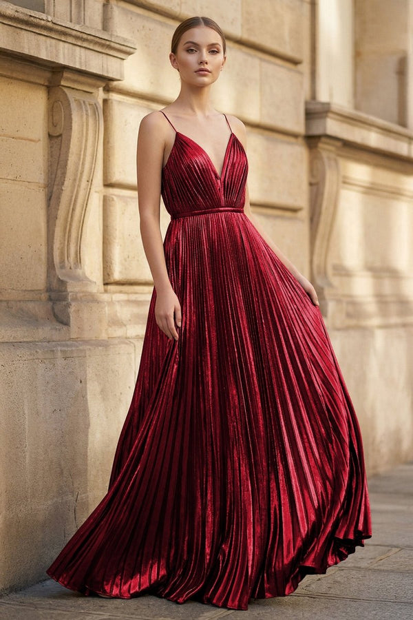 KissProm Gold A-Line Spaghetti Straps V-Neck Metallic Long Prom Dress, Burgundy / 00