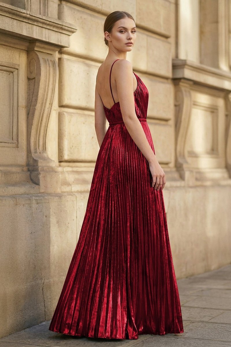 KissProm Gold A-Line Spaghetti Straps V-Neck Metallic Long Prom Dress, Burgundy / 00