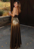 Leuare | Gold A - Line Spaghetti Straps V - Neck Metallic Long Prom Dress - KissProm