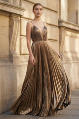 Gold A - Line Spaghetti Straps V - Neck Metallic Long Prom Dress - KissProm