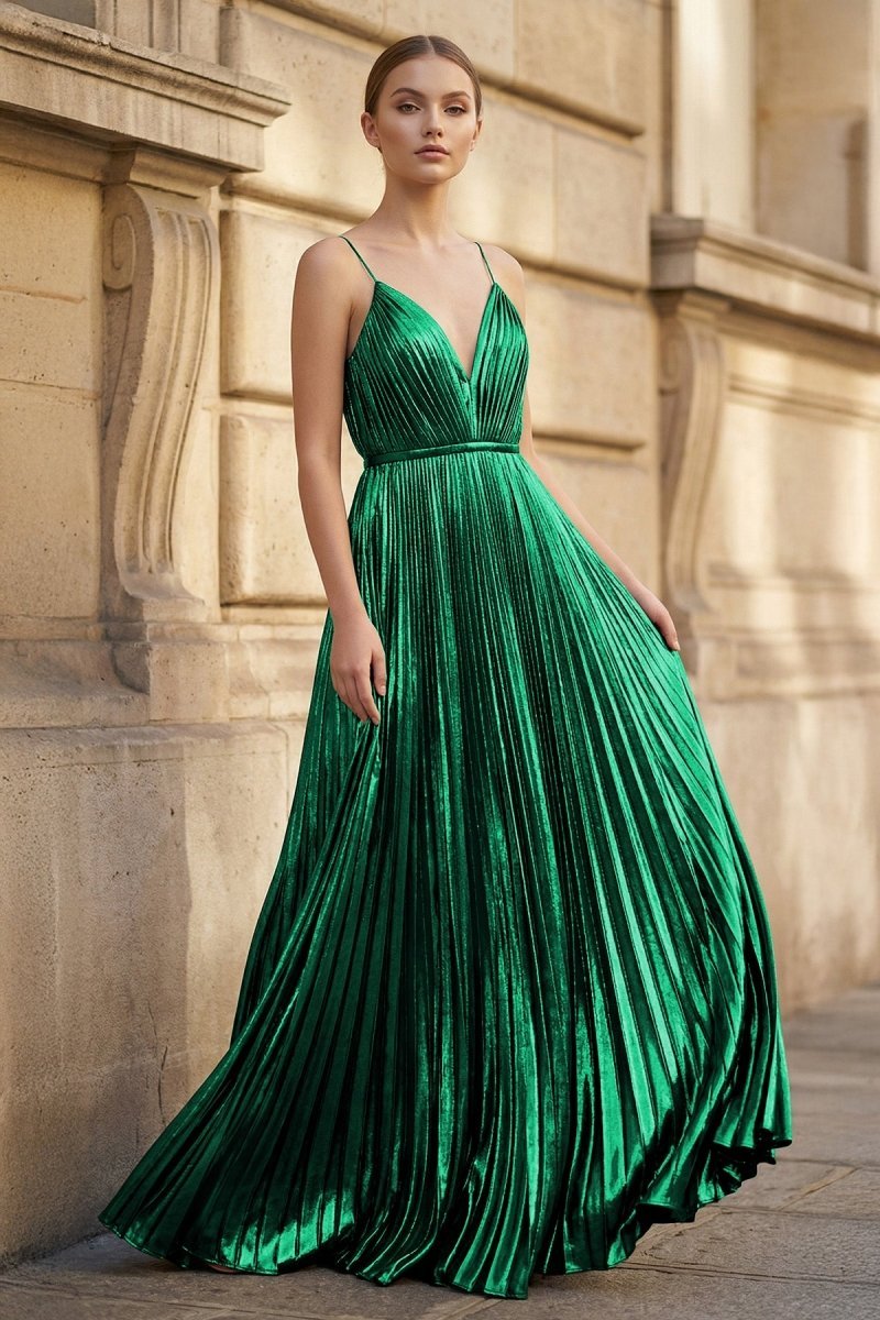 KissProm Gold A-Line Spaghetti Straps V-Neck Metallic Long Prom Dress, Green / 00