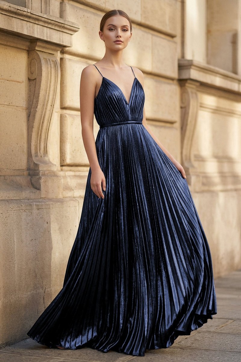 KissProm Gold A-Line Spaghetti Straps V-Neck Metallic Long Prom Dress, Navy Blue / 00