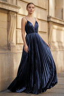 Gold A - Line Spaghetti Straps V - Neck Metallic Long Prom Dress - KissProm