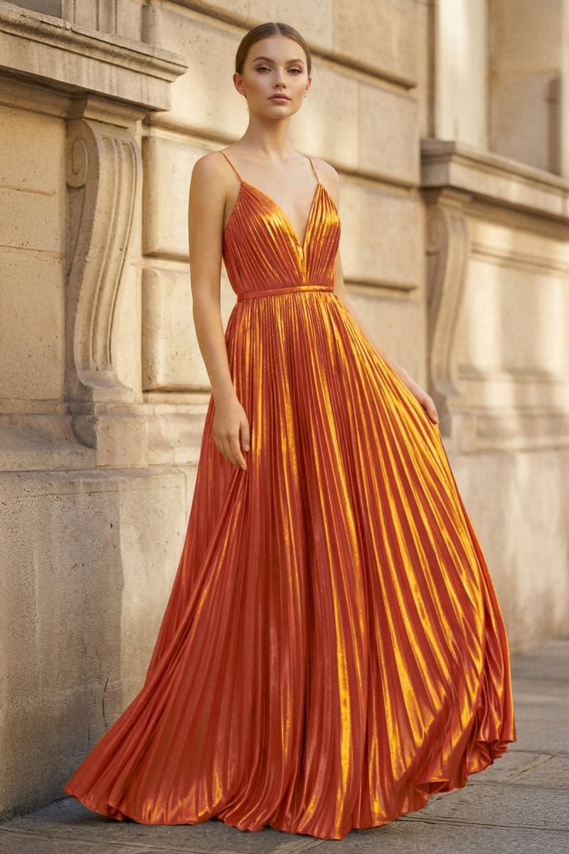 KissProm Gold A-Line Spaghetti Straps V-Neck Metallic Long Prom Dress, Orange / 00