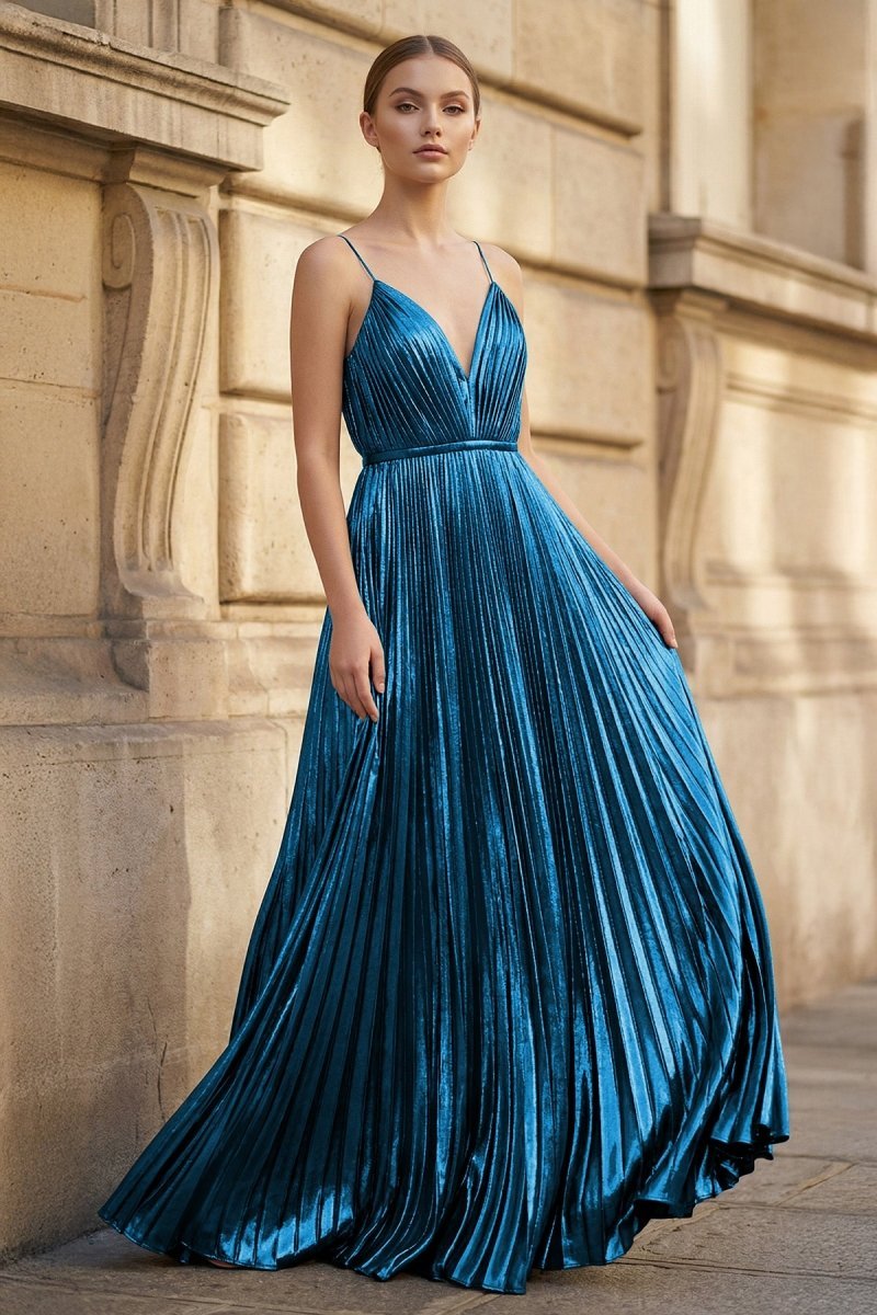 KissProm Gold A-Line Spaghetti Straps V-Neck Metallic Long Prom Dress, Peacock / 00