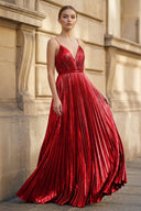 Gold A - Line Spaghetti Straps V - Neck Metallic Long Prom Dress - KissProm