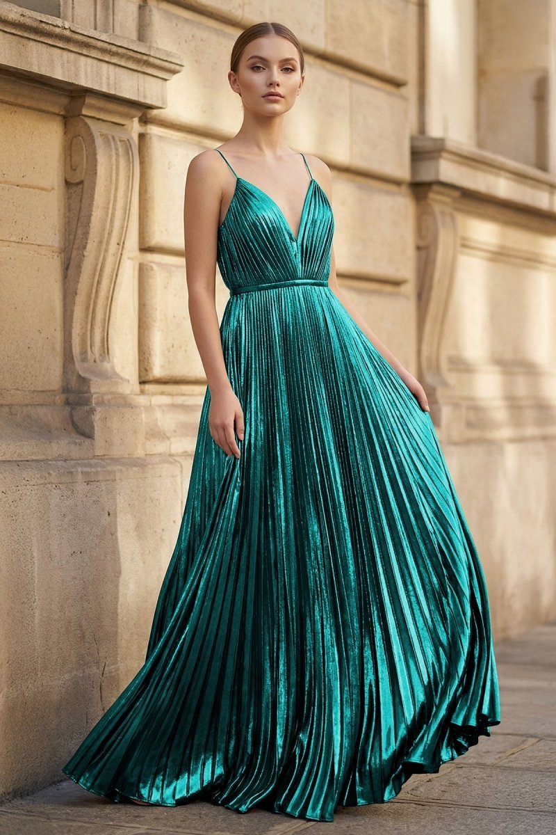KissProm Gold A-Line Spaghetti Straps V-Neck Metallic Long Prom Dress, Emerald / 00