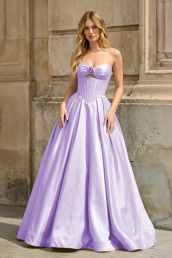 Lavender Strapless A Line Pleated Satin Long Prom Dresses With Flower - KissProm
