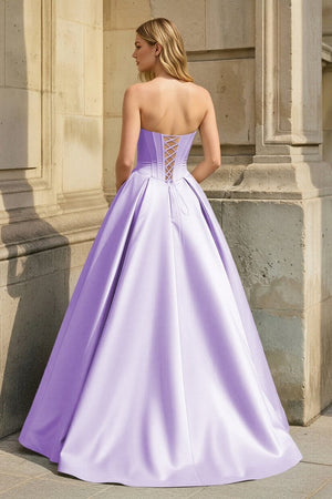 Lavender Strapless A Line Pleated Satin Long Prom Dresses With Flower - KissProm