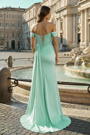 Pink Mermaid Off The Shoulder Satin Beaded Long Prom Dresses With Slit – Prom Dresses by KissProm | Available at KissProm