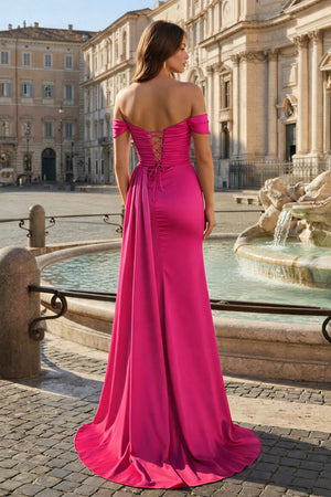 KissProm-Fuchsia Mermaid Off The Shoulder Satin Beaded Long Prom Dresses With Slit