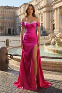Pink Mermaid Off The Shoulder Satin Beaded Long Prom Dresses With Slit – Prom Dresses by KissProm | Available at KissProm