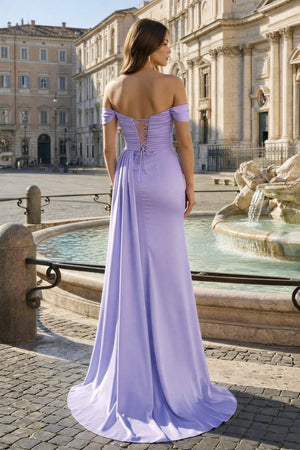 Pink Mermaid Off The Shoulder Satin Beaded Long Prom Dresses With Slit – Prom Dresses by KissProm | Available at KissProm