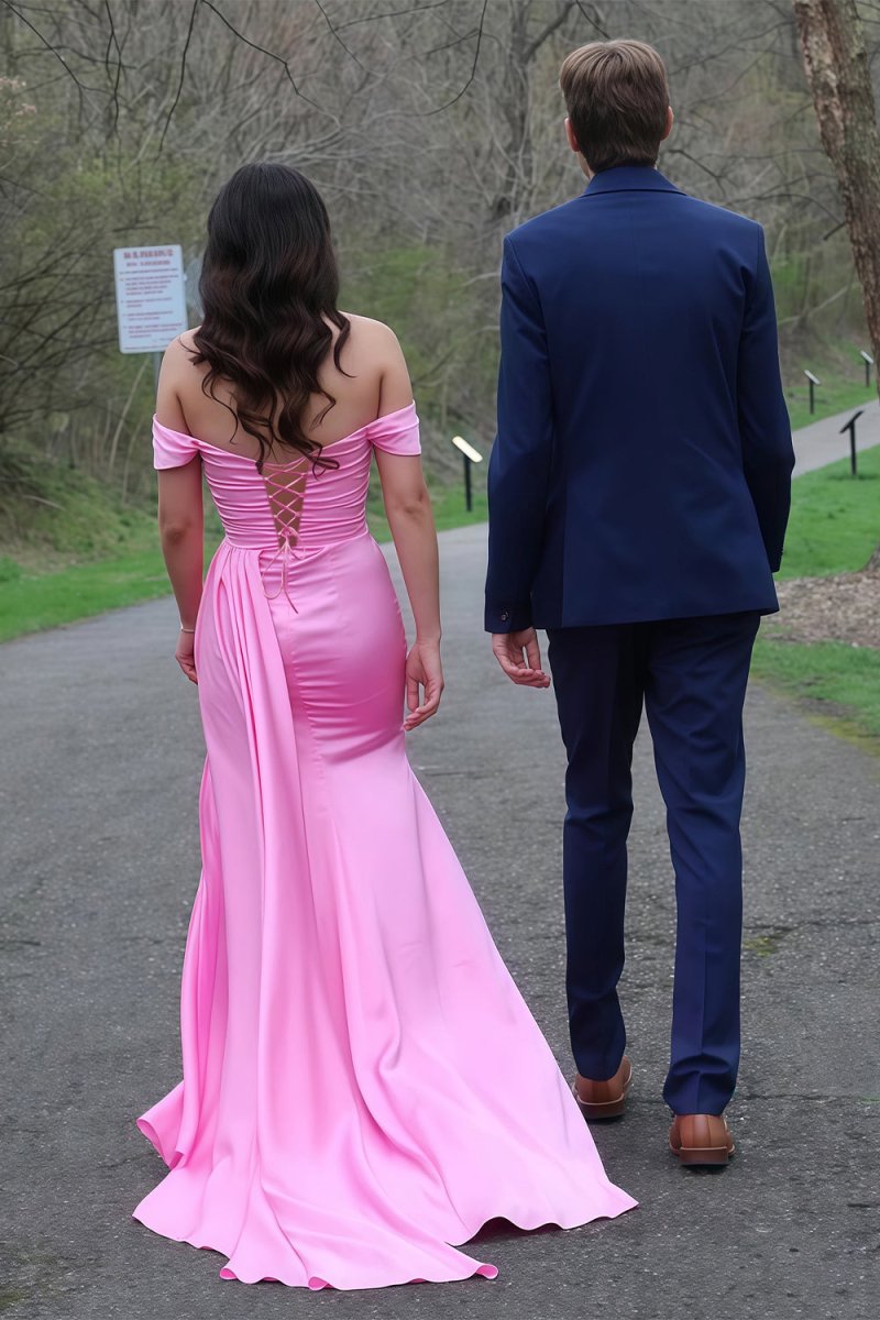 Leviah | Pink - Mermaid Off The Shoulder Satin Beaded Long Prom Dresses With Slit - KissProm