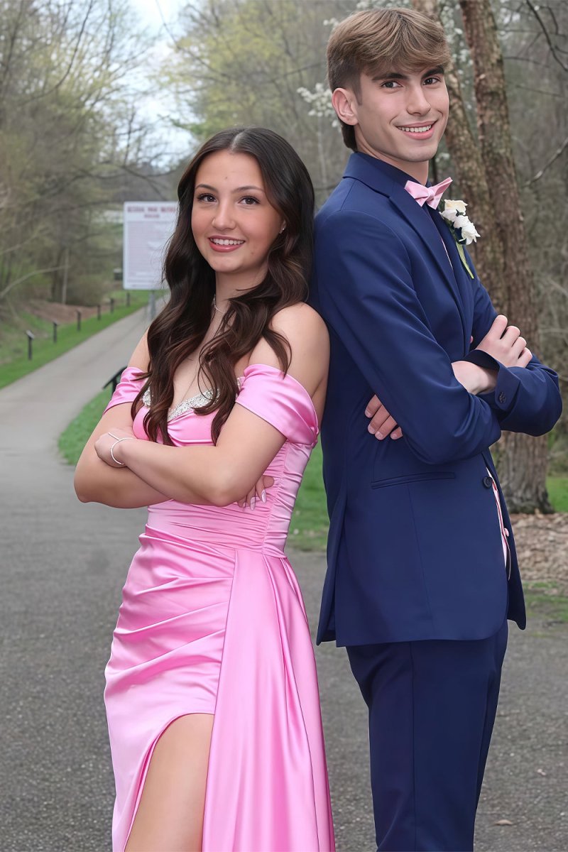 Leviah | Pink - Mermaid Off The Shoulder Satin Beaded Long Prom Dresses With Slit - KissProm