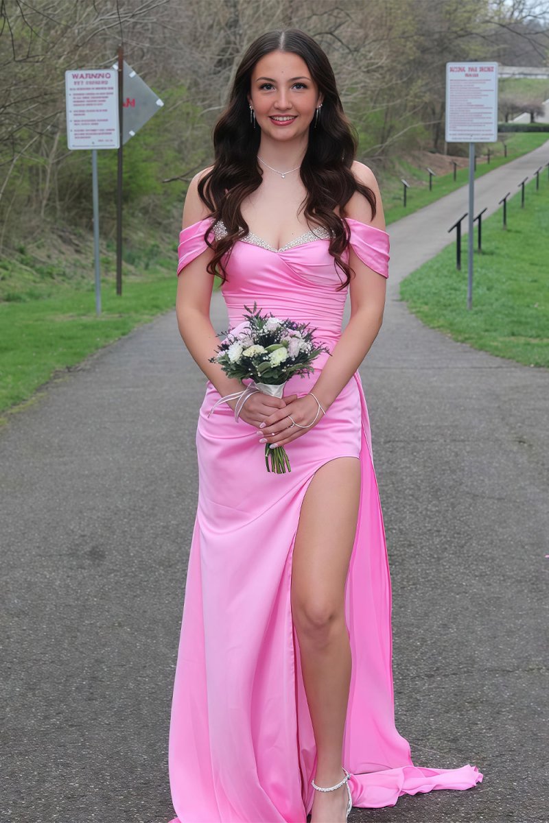 Leviah | Pink - Mermaid Off The Shoulder Satin Beaded Long Prom Dresses With Slit - KissProm