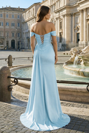 KissProm-Sky Blue Mermaid Off The Shoulder Satin Beaded Long Prom Dresses With Slit