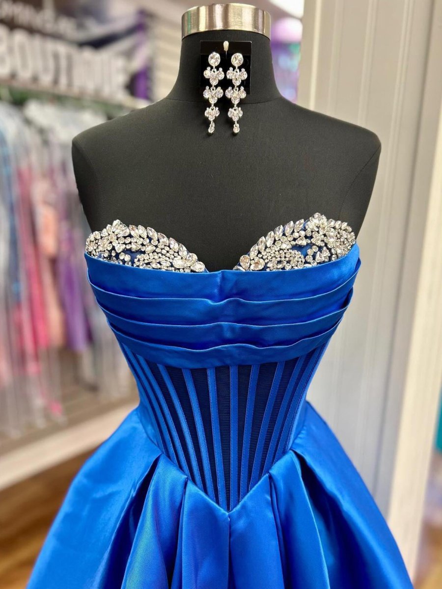 A-Line Beaded Sweetheart Royal Blue Satin Prom Dress Royal Blue / 2