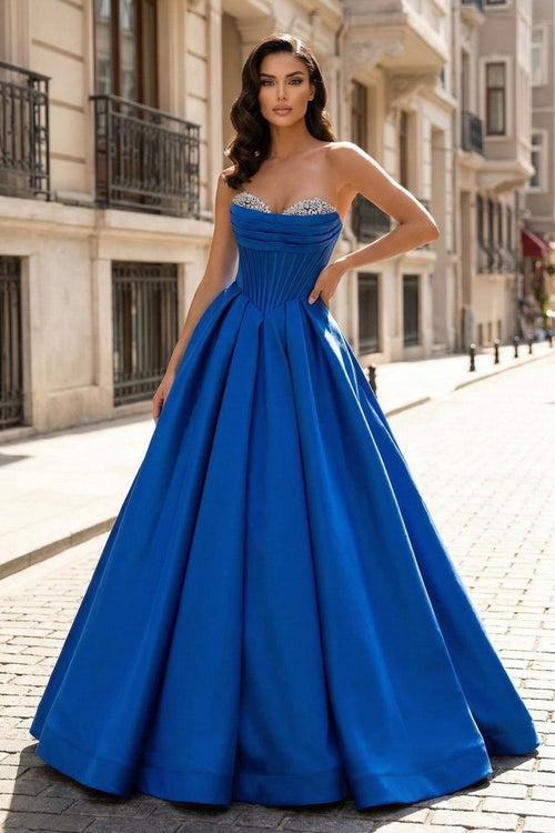 A - Line Beaded Sweetheart Royal Blue Satin Prom Dress - KissProm