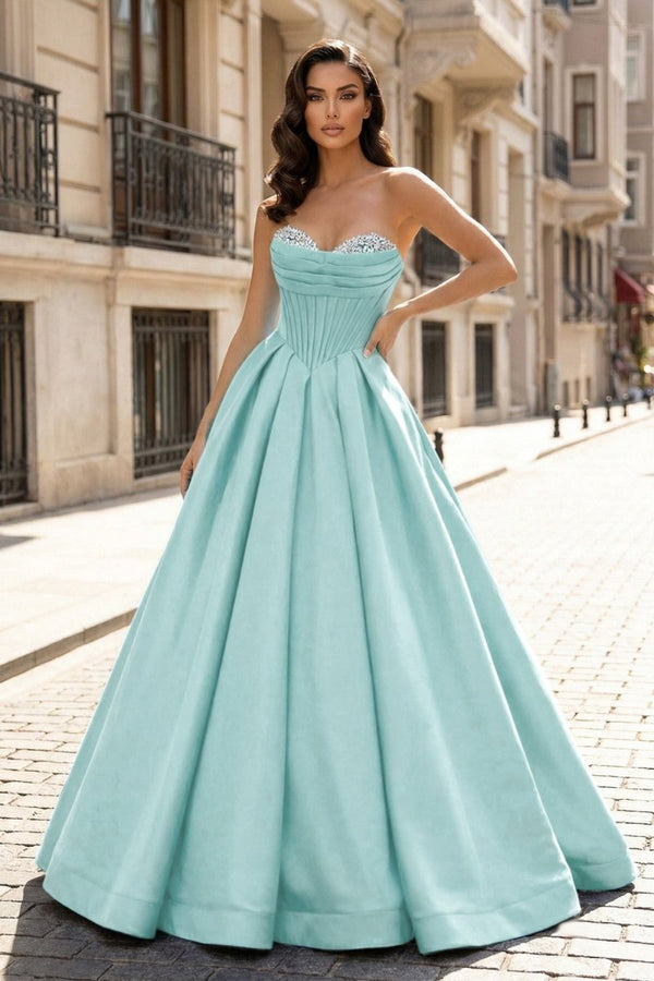 A - Line Beaded Sweetheart Royal Blue Satin Prom Dress - KissProm