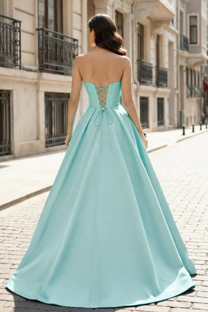 A - Line Beaded Sweetheart Royal Blue Satin Prom Dress - KissProm