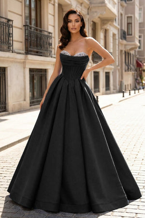 A - Line Beaded Sweetheart Royal Blue Satin Prom Dress - KissProm