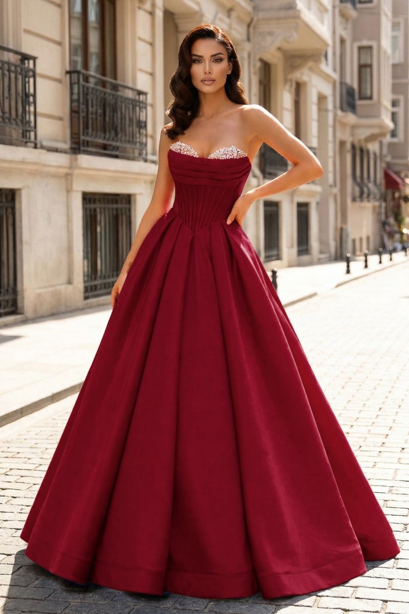 KissProm A-Line Beaded Sweetheart Royal Blue Satin Prom Dress, Burgundy / 18