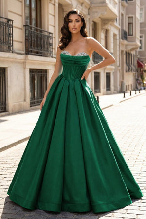 A - Line Beaded Sweetheart Royal Blue Satin Prom Dress - KissProm
