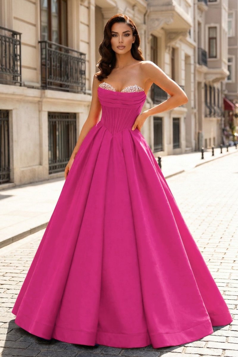 KissProm A-Line Beaded Sweetheart Royal Blue Satin Prom Dress, Fuchsia / 12